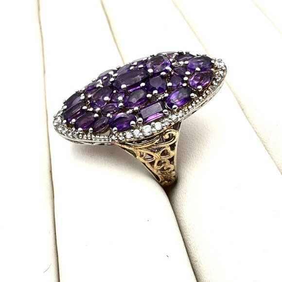 Chuck Clemency Amethyst Cluster Sterling Silver Gold Accent Ring Size 6 - Picture 3 of 4
